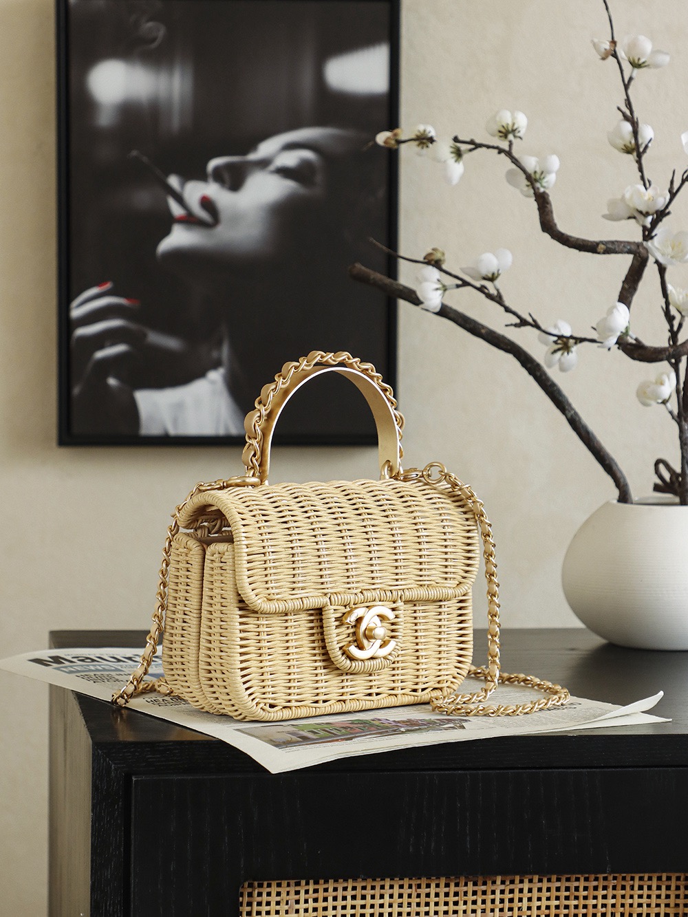 Ch@nel Mini Flap Bag With Top Handle, Braided Rattan & Gold-Tone-13*18.5*7CM