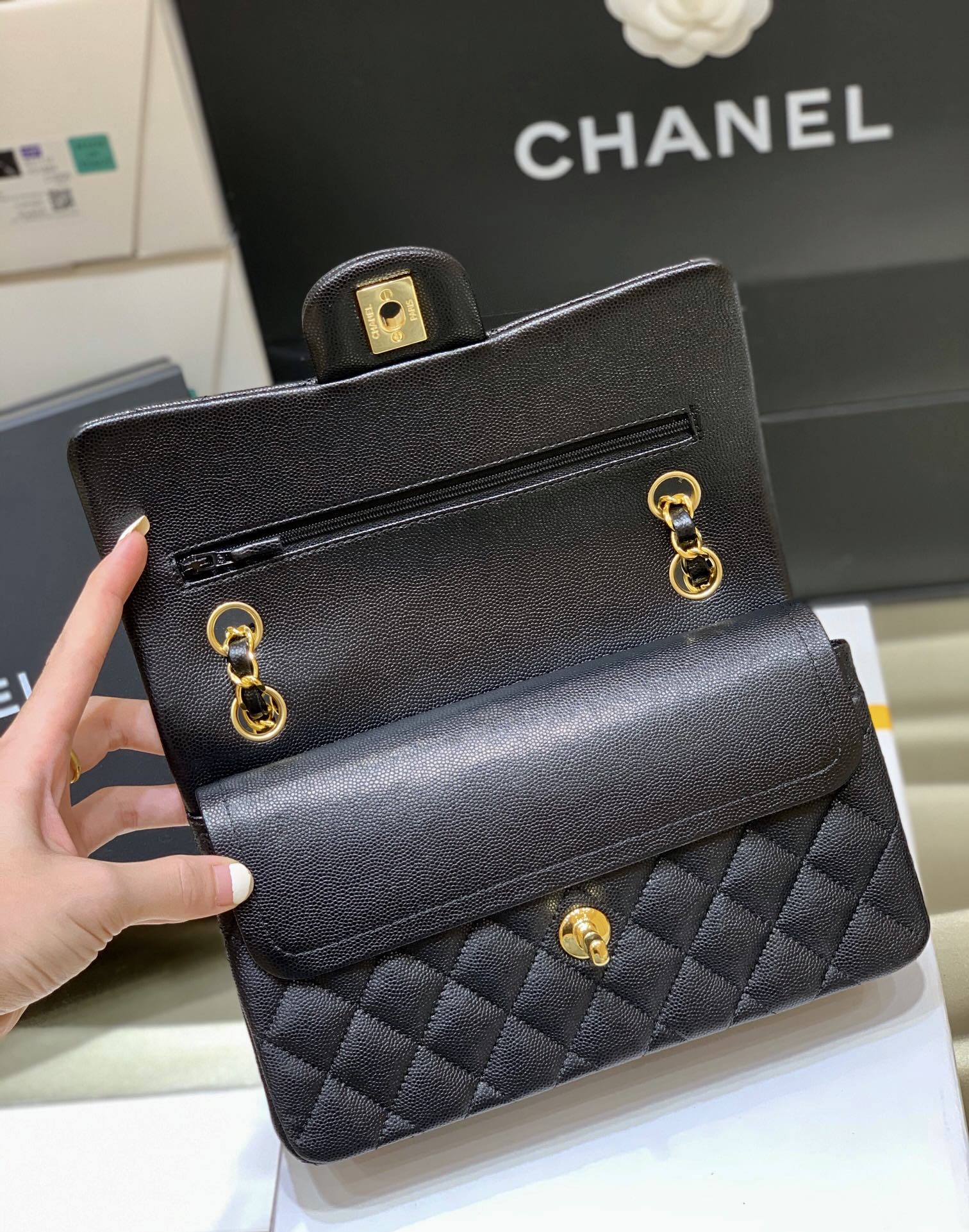 Ch@nel Flap Bag-(Black Inside)Caviar-23CM
