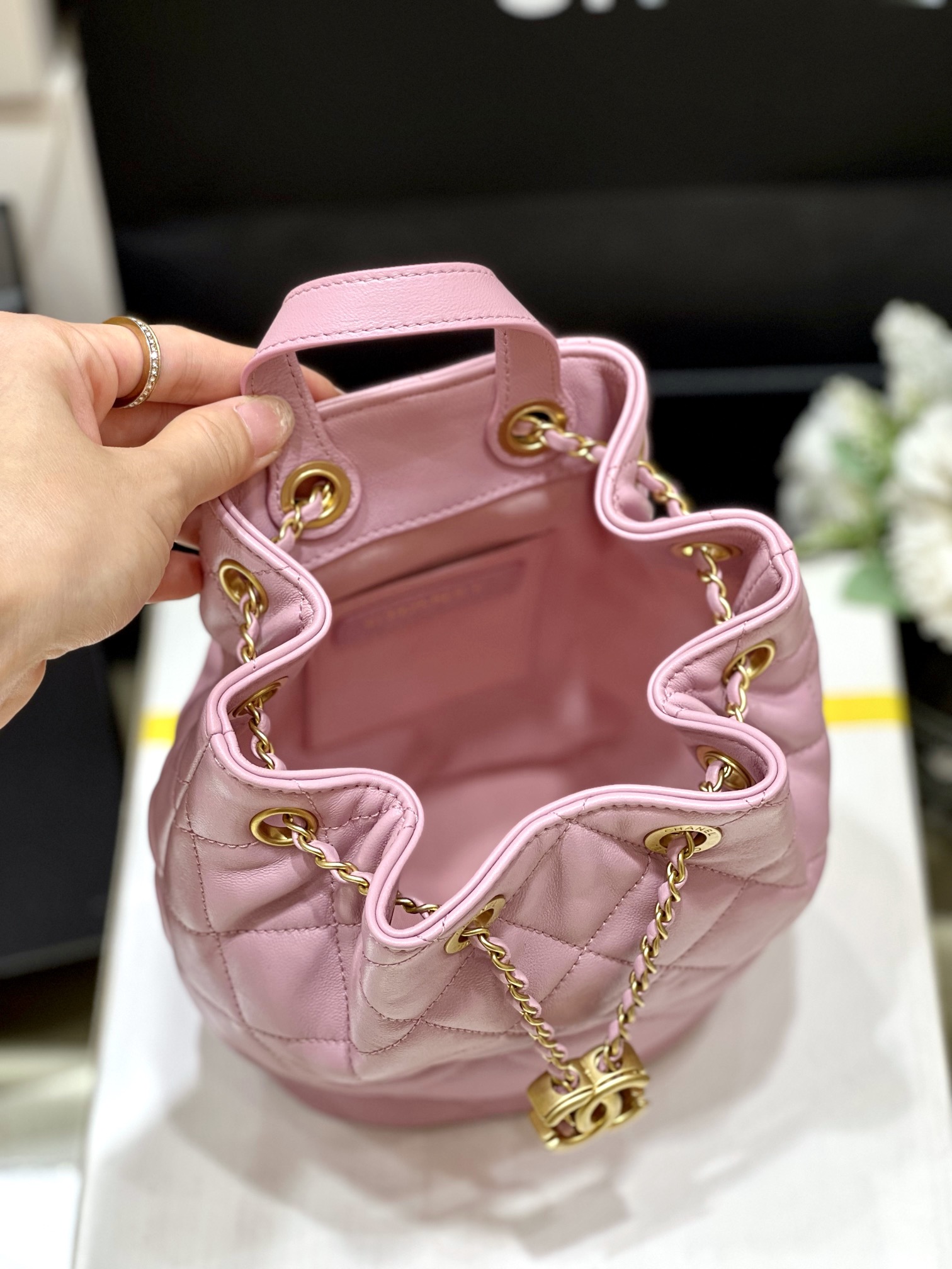 Ch@nel Drawstring Bucket Backpack -16.5*20*11.5CM