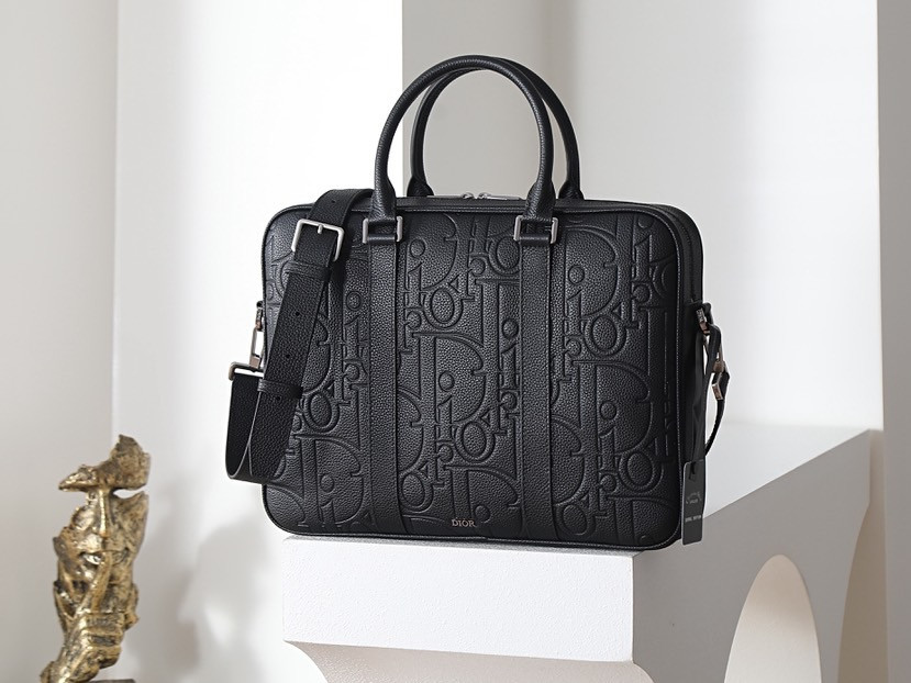Di*or Zipped Briefcase BlackGravity Leather-37 x 28 x 6CM