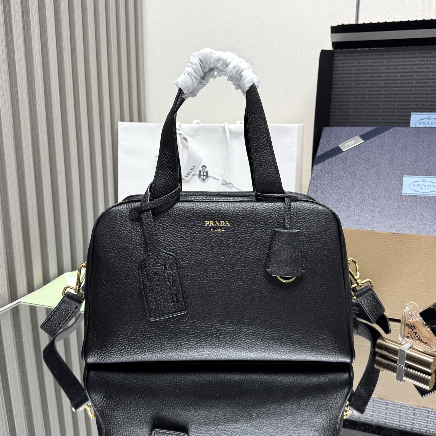 Pra*a Leather Handbag 1BB148-33*22*14CM