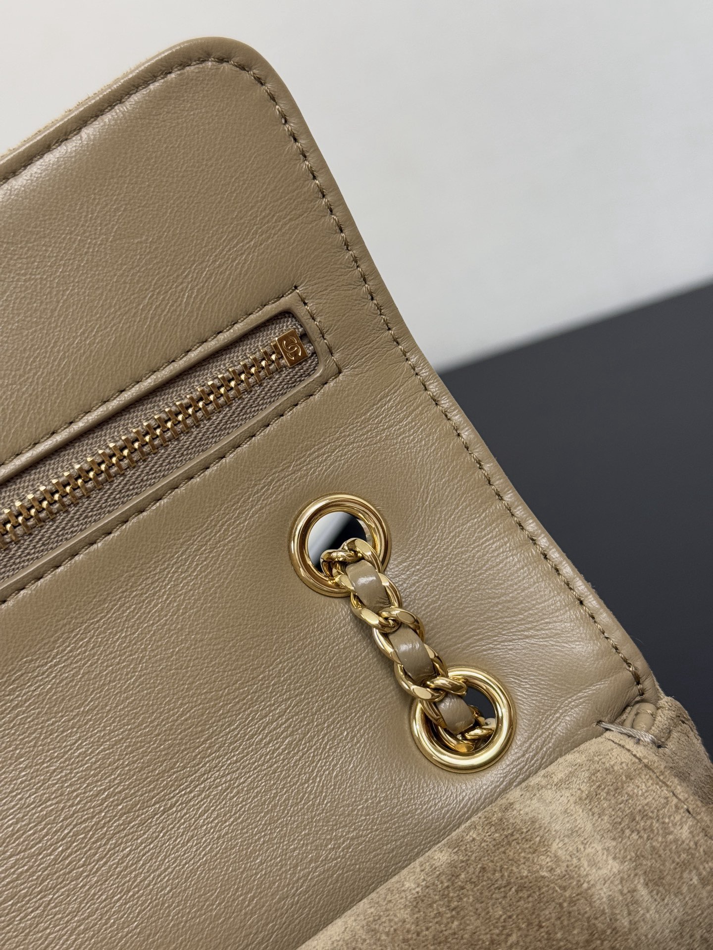 Ch@nel Suede Calfskin Mini Flap Bag In Dark Beige With Gold-tone-13*20*6CM