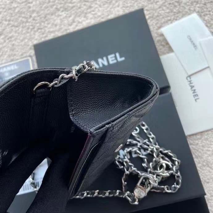 Ch@nel Black Quilted Caviar Leather Card Holder On Chain-11*7CM