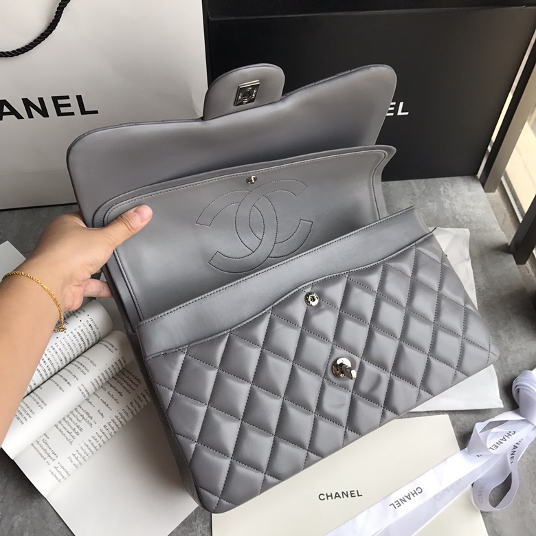 Ch@nel Flap Bag-Lambskin-Silver-30CM