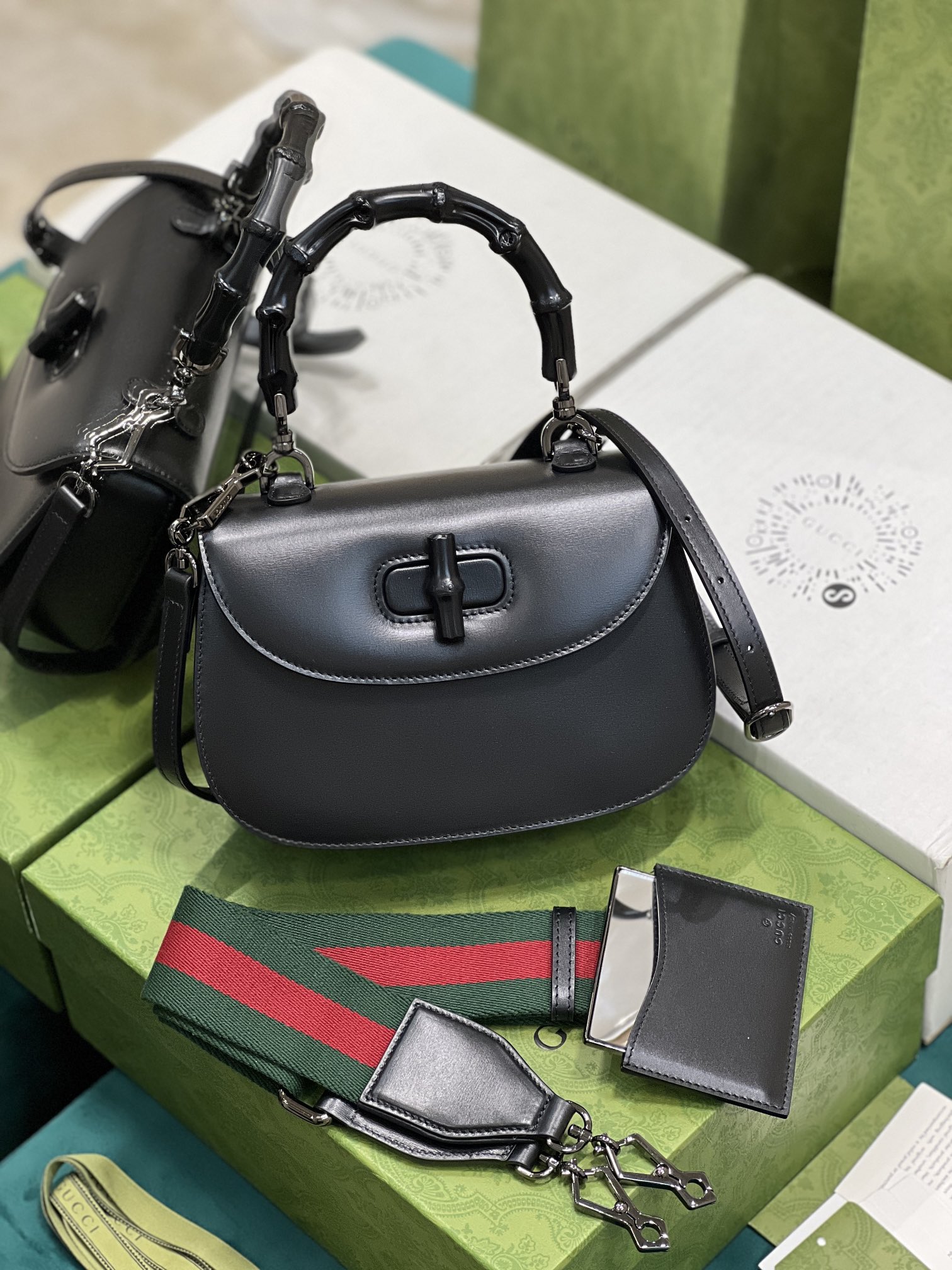 G*u*i top handle bag with bamboo-17*12*7.5&21*15*7cm