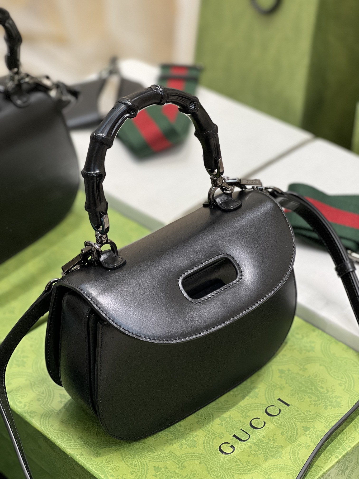 G*u*i top handle bag with bamboo-17*12*7.5&21*15*7cm