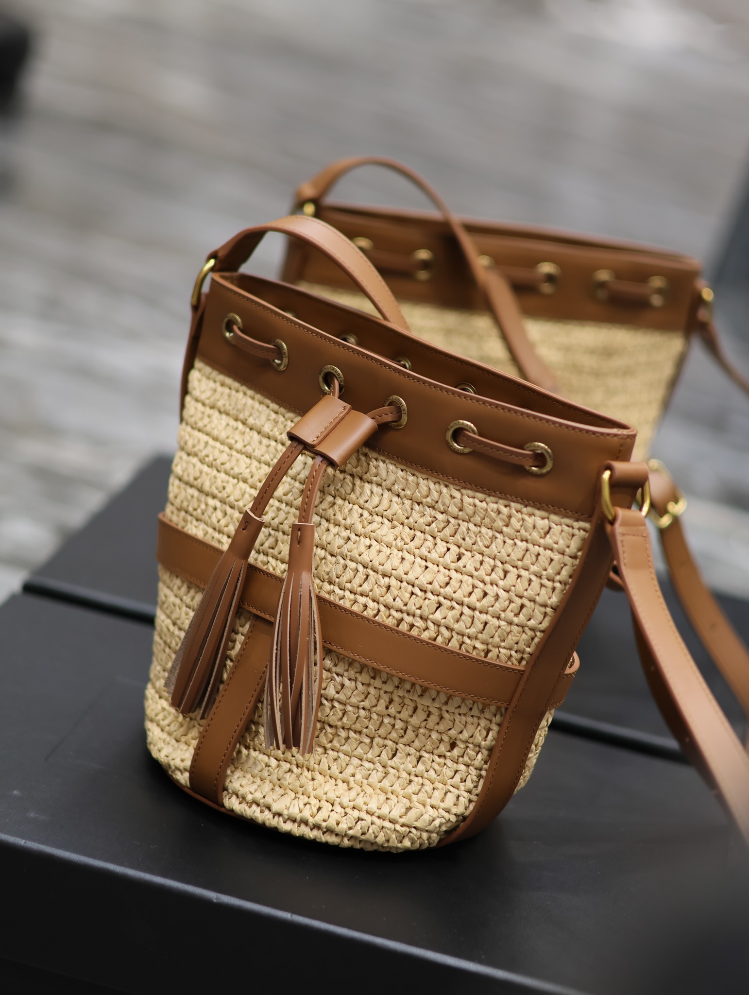 Y*L raffia straw craft bucket bag-22×15×15cm